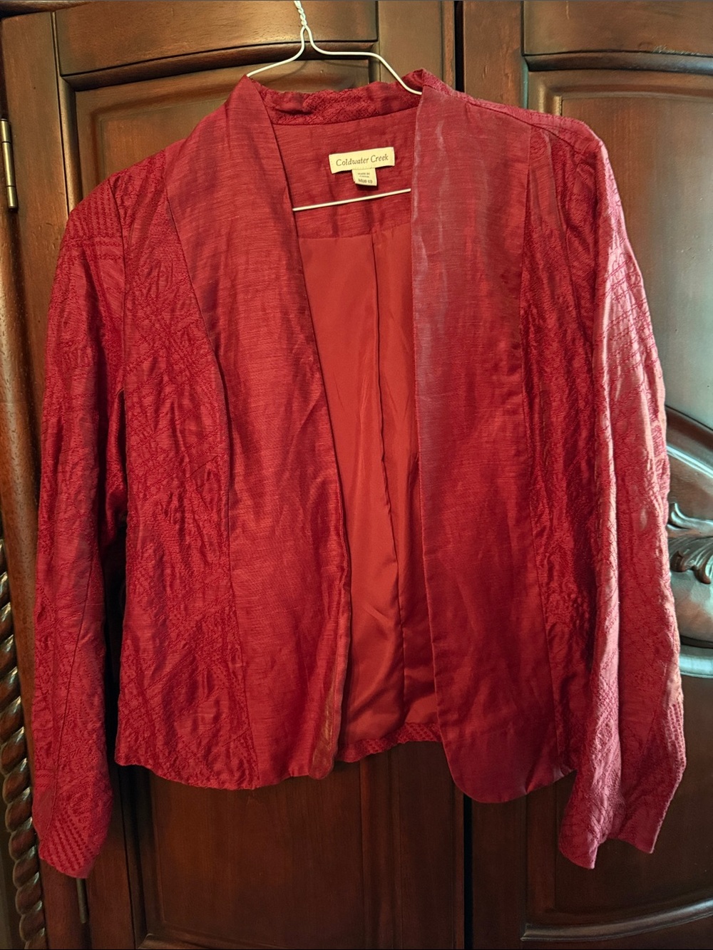 Coldwater Creek Women's Deep Red Open-Front Textured Jacket